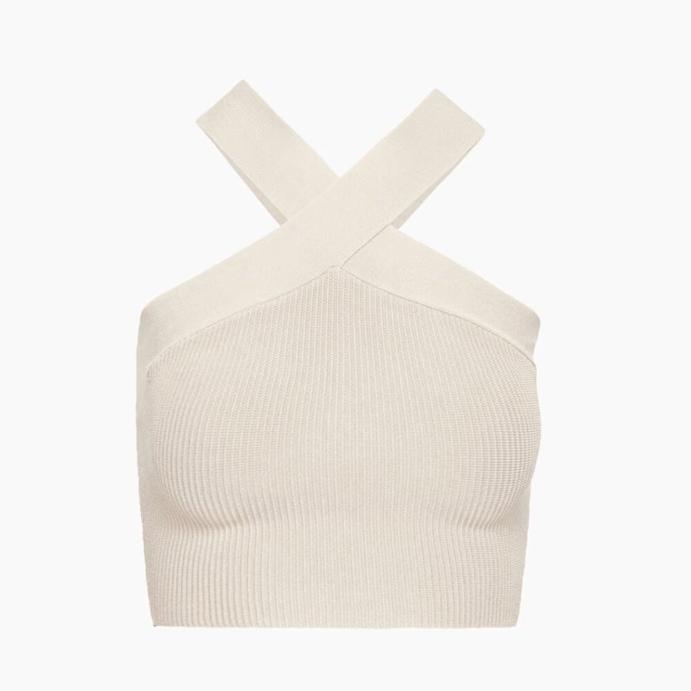 Aritizia Babton Sculpt Knit Criss Cross Cropped Tank in Matte Pearl (Cream) -  S
